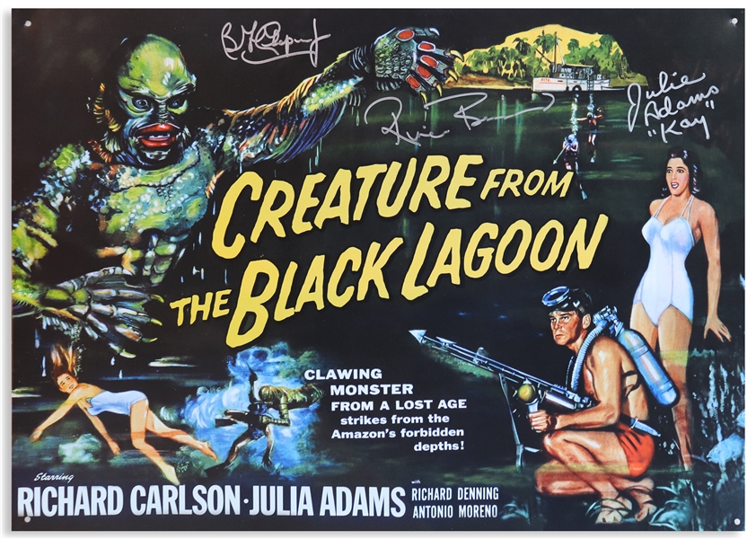 ''Creature From the Black Lagoon'' Cast-Signed Metal Poster -- Signed by the ''Creatures'' Ricou Browning and Ben Chapman, and Also by Julie Adams